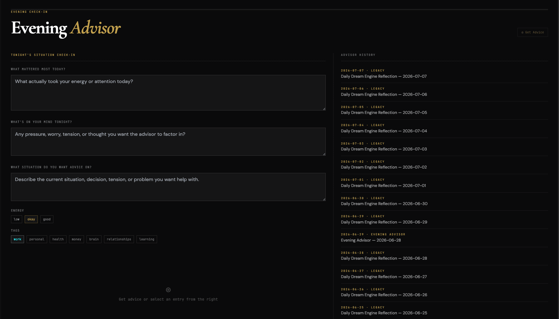Evening Advisor — a nightly check-in that reasons about the day against a running history