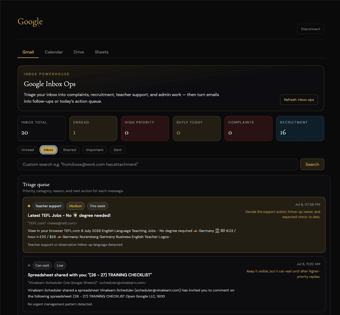 Inbox Ops — triages Gmail into complaints, recruitment, and admin work automatically